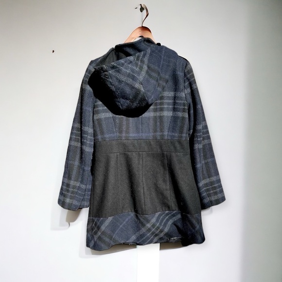 🌻GUESS Blue & Black Plaid Hooded Wool-Blend Trench Coat Jacket Size Medium - Picture 6 of 11